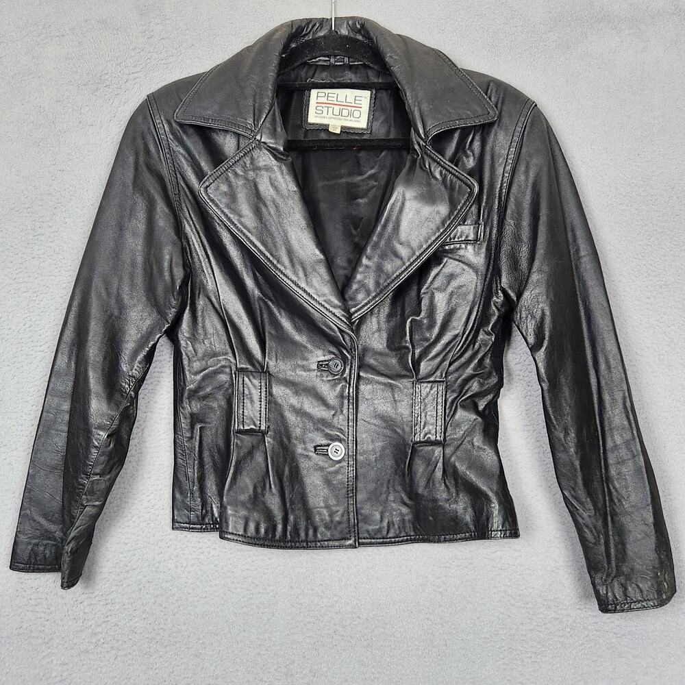 Pelle Studio Leather Jacket Womens XS Black Button Front Blazer Lined Short Moto